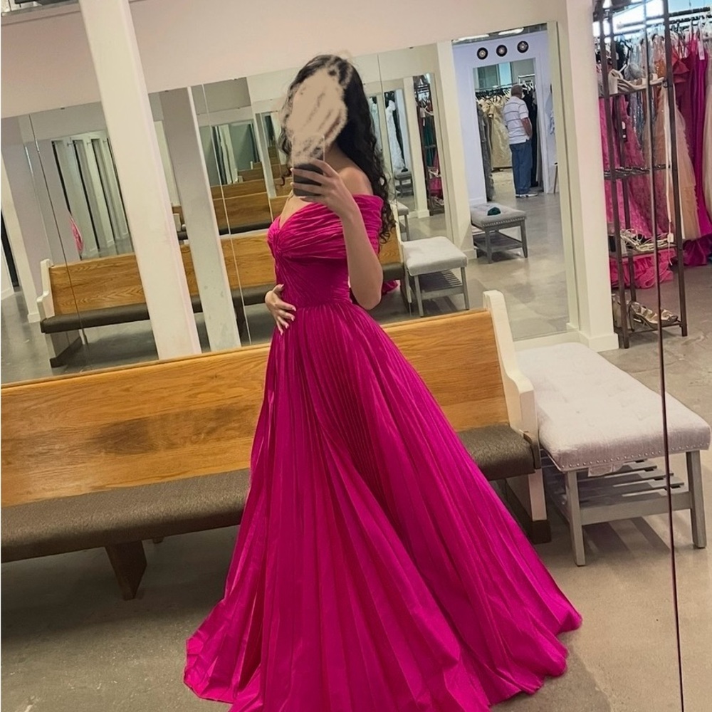 Tarik Ediz 53128 Fuchsia pink Off-Shoulder pleated ruched Gown